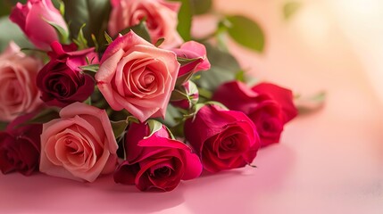 Obraz premium A close-up of a bouquet of pink and red roses on a pink table, with gentle light highlighting the petals, perfect for Valentine's Day or Mother's Day.