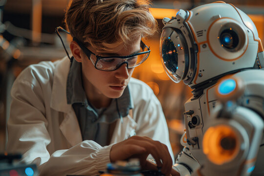 A scientist in a lab coat, wearing protective glasses, intensely focused on examining a robot in a futuristic laboratory setting