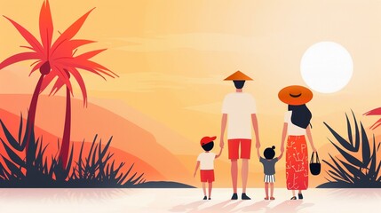 Fototapeta premium Family exploring regional traditions, cultural society event, flat design illustration