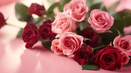 A close-up of a bouquet of pink and red roses on a pink table, with gentle light highlighting the petals, perfect for Valentine's Day or Mother's Day.