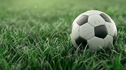 Obraz premium A soccer ball on a lush green field in the morning light, showcasing the peaceful moment before the game begins, perfect for sports-themed content.