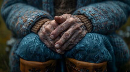 Fototapeta premium Close-up of an elderly man's hands lying on his knees, which are supported by knee pads: health, support, and care for the elderly.