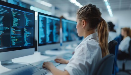 Students in uniforms creating digital media projects for their exams, multimedia activities