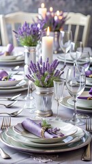 Fototapeta premium Elegant table setting with lavender flowers and silver accents