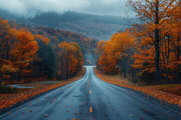 A long, wet road lined with colorful autumn trees, leading into the misty mountains, capturing the peacefulness of a rainy day