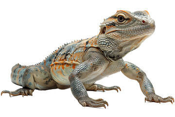 Naklejka premium Close-up of a colorful bearded dragon isolated on white background. Detailed texture of scales and vibrant patterns captured in stunning clarity.