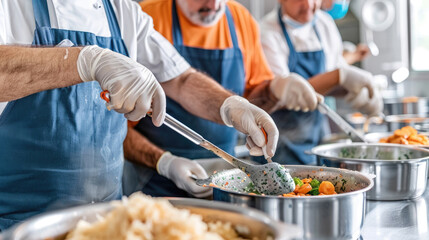 Group of volunteers serving food at a community kitchen, preparing meals for the less fortunate, showcasing teamwork and generosity.
