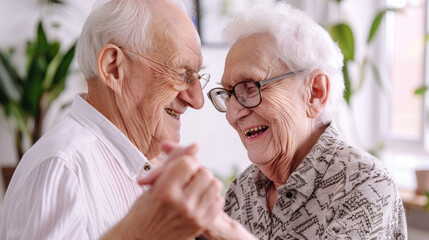 Happy elderly couple dancing together in a bright room, sharing a tender and joyful moment of love and companionship.