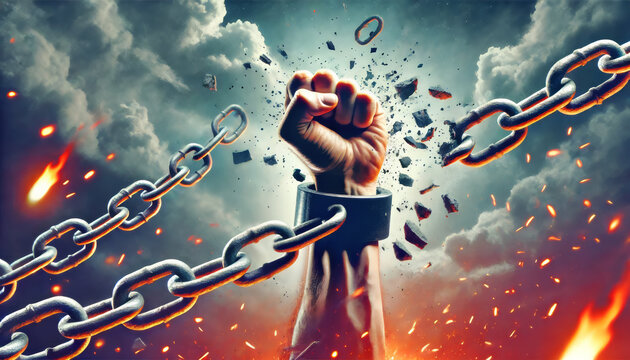 Fist breaking chains amid dramatic sky, symbolizing resistance, liberation, and triumph over oppression