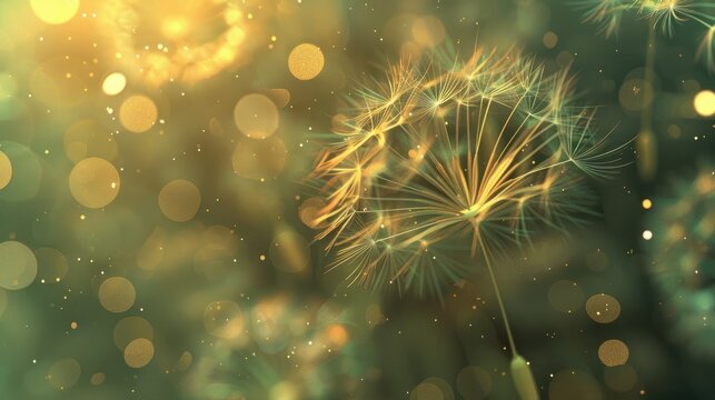 Abstract blurred nature background dandelion seeds parachute. Bokeh pattern.