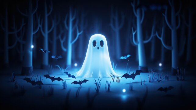 Specter in a spooky forest clearing, surrounded by bats, Halloween, frightening forest
