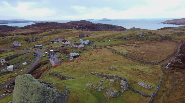 Aerial view of Dun Carloway Broch, Isle of Lewis, Hebrides, Scotland