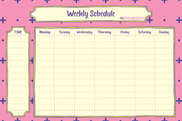 Series of back to school daily weekly monthly planner journal list memo classroom timetable schedule for kids student teacher in purple pink hand drawing template