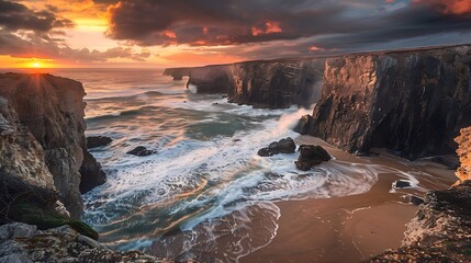Fototapeta premium A coastal landscape with rugged cliffs and a sandy beach, waves crashing against the rocks under a dramatic sunset sky.