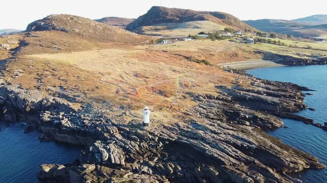 Rhue lighthouse aerial view near Ullapool, Scotland