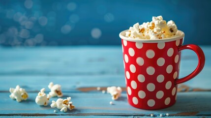 Space for text in red polka dot cup with popcorn