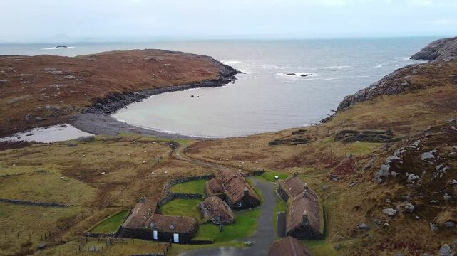 Aerial view of Gearrannan Blackhouse Village, Isle of Lewis, Hebrides, Scotland