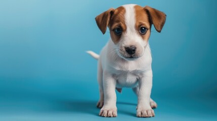 Adorable Jack Russell Terrier puppy posing on vibrant blue backdrop