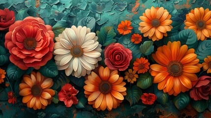 Colorful flower arrangement on textured background - generative ai