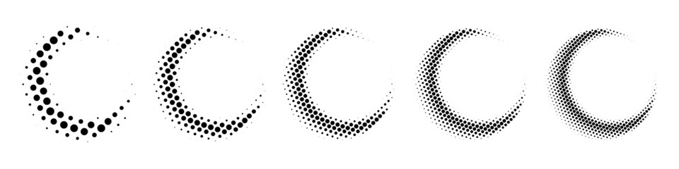 Circle moon in halftone dots pattern set. Crescent moons in black dots on white background. Gradual transition in dot size creates modern abstract digital geometric decorative design. © Mariquita vector