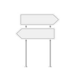 Fototapeta premium Sign road of direction on metal pole. 3d realistic white blank arrow signboard vector illustration. Isolated empty roadside signpost to notice information, danger, guide.