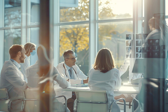 Doctors holding a medical and medical-related meeting while looking at a patient's x-ray in a hospital conference room, Generative AI