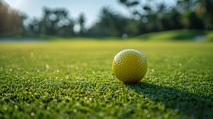 A close-up of a yellow golf ball on a green course. The sharp focus on the ball contrasts with the softly blurred background