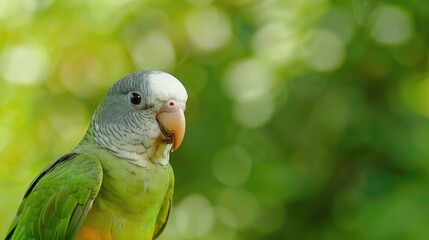 Obraz premium Monk parakeet known as Myiopsitta monachus a small green parrot with gray chest and yellow belly on a green backdrop