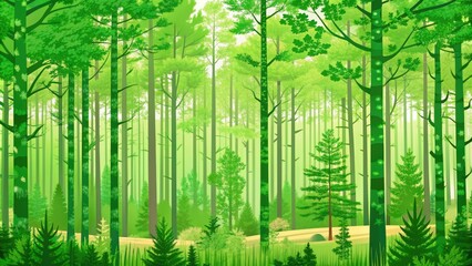 Obraz premium Vibrant green forest illustration with tall trees.