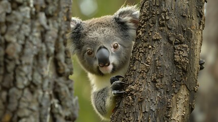 Obraz premium A cute koala baby peeking out from behind a tree trunk, its soft fur and big, bright eyes making it look irresistibly charming.