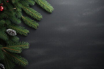 Christmas fir tree with cones on a wooden background, selective focus and place for text. dark new year card