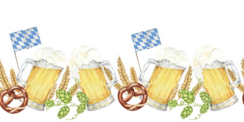 Beer mugs with foam, pretzels, hops, barley, and Bavarian flags banner clipart. Watercolor seamless border for creating Oktoberfest promotional materials, bar menus, and festive party invitations.