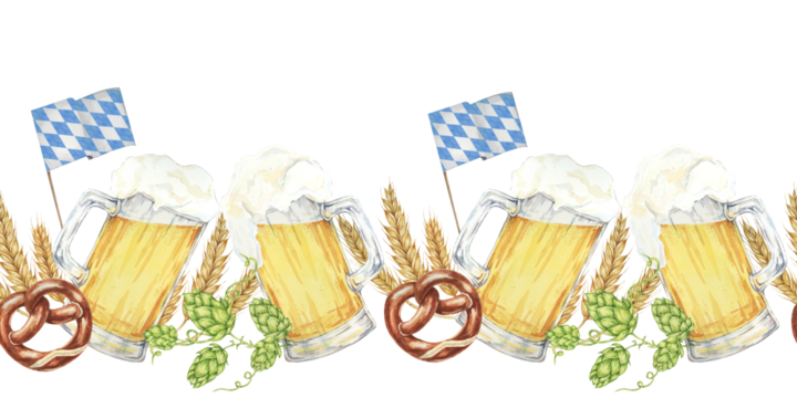 Beer mugs with foam, pretzels, hops, barley, and Bavarian flags banner clipart. Watercolor seamless border for creating Oktoberfest promotional materials, bar menus, and festive party invitations.