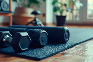Black foam rollers and hexagonal dumbbells on an exercise mat at room with plants , a home gym setup, balanced fitness routine.
