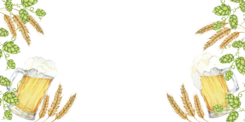 Festive banner template with beer mugs, barley, wheat, and hops in watercolor. Clipart with blank space Ideal for beer festival promotions, Oktoberfest, bar signage, and event invitations