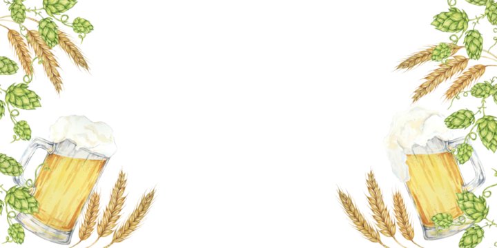 Festive banner template with beer mugs, barley, wheat, and hops in watercolor. Clipart with blank space Ideal for beer festival promotions, Oktoberfest, bar signage, and event invitations