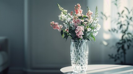 Fototapeta premium An elegant crystal vase filled with fresh flowers, placed on a minimalist table.