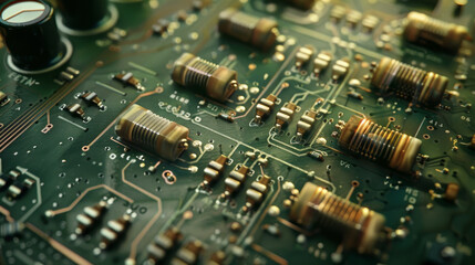 Close-Up of Detailed Electronic Circuit Board, Technology and components