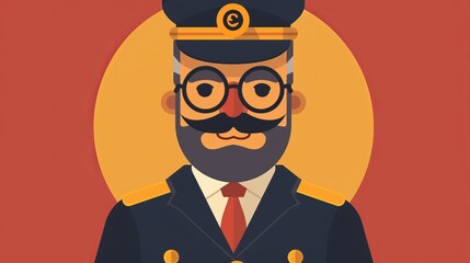 This illustration features a conductor in uniform against a red backdrop, focusing on the iconic attire and commanding presence of those in charge of train operations.