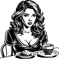 Beautiful sep waiting for the food vector ,girl with a cup of coffee, woman, illustration, vector, cartoon, hair, face, food