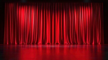 Grand theater stage with luxurious red curtains, classical drama setting, elegance and tradition