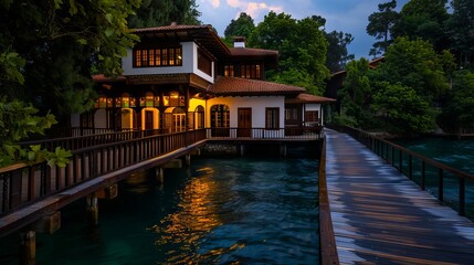 Obraz premium A wooden house on the water at dusk.