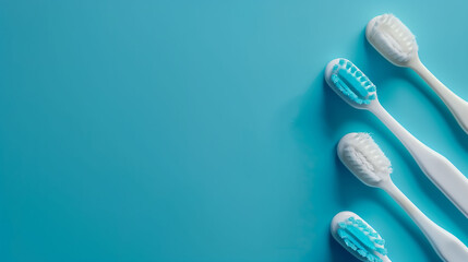 Dental tools, toothpaste and toothbrush arranged on blue background. Health Care Concept for the Elderly .青い背景に配置された歯科用具、歯磨き粉、歯ブラシ。高齢者の健康ケアコンセプト.Generative AI	