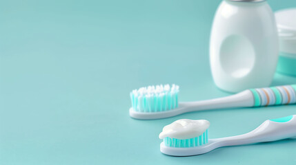 Dental tools, toothpaste and toothbrush arranged on blue background. Health Care Concept for the Elderly .青い背景に配置された歯科用具、歯磨き粉、歯ブラシ。高齢者の健康ケアコンセプト.Generative AI	