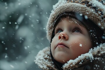Closeup of a child's face gazing upwards as snowflakes gently fall, capturing the magic of winter
