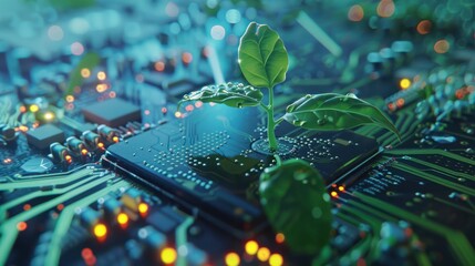 Plant growing on a motherboard - sustainable green technology concept with a seedling growing out of circuitry.