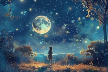 Obraz premium A fantasy scene of a girl admiring the full moon amidst a sparkling, nocturnal landscape