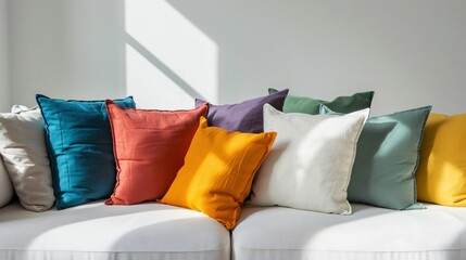 A collection of solid-colored throw pillows arranged neatly on a minimalist white sofa