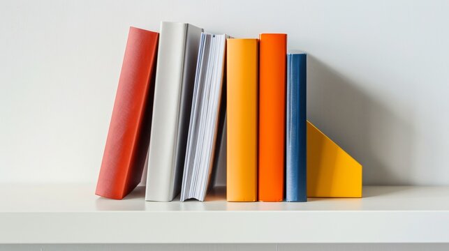 A minimalist bookend in a solid color holding a few books on a white shelf
