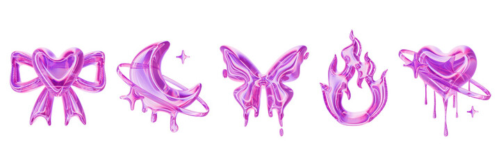 3D gloss y2k icon set, holographic sticker, cute romantic futuristic reflective girly shapes. Kawaii fluid gradient reflective effect object, 90s aesthetic glass crystal moon, heart. Y2k icon clipart